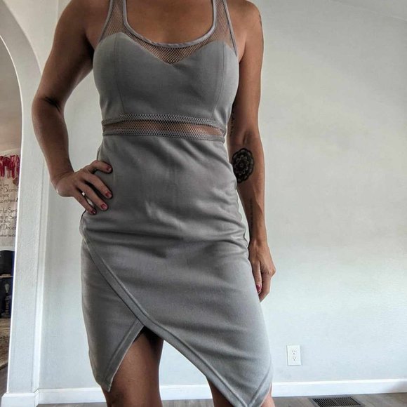 Grey mini dress with mesh and asymmetrical hem. S - Picture 2 of 9